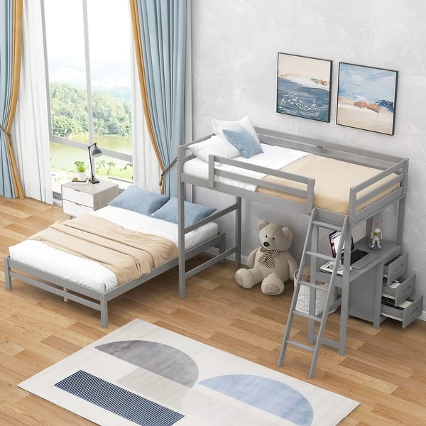 slide 2 of 14, Twin over Full Bunk Bed with Built-in Desk and Three Drawers Grey