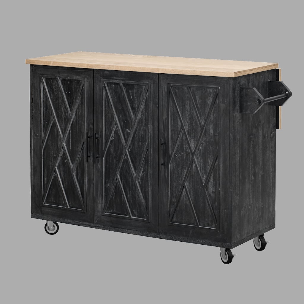 51.2"W Kitchen Island with Drop Leaf, ASH Veneer Top, Mobile Storage Cart with Towel Rack and Internal Storage Racks