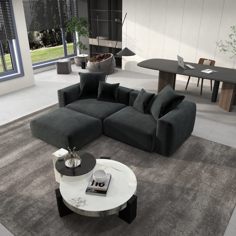 102" Oversized Corduroy Modular Sofa Reversible Couch with Ottoman - Black