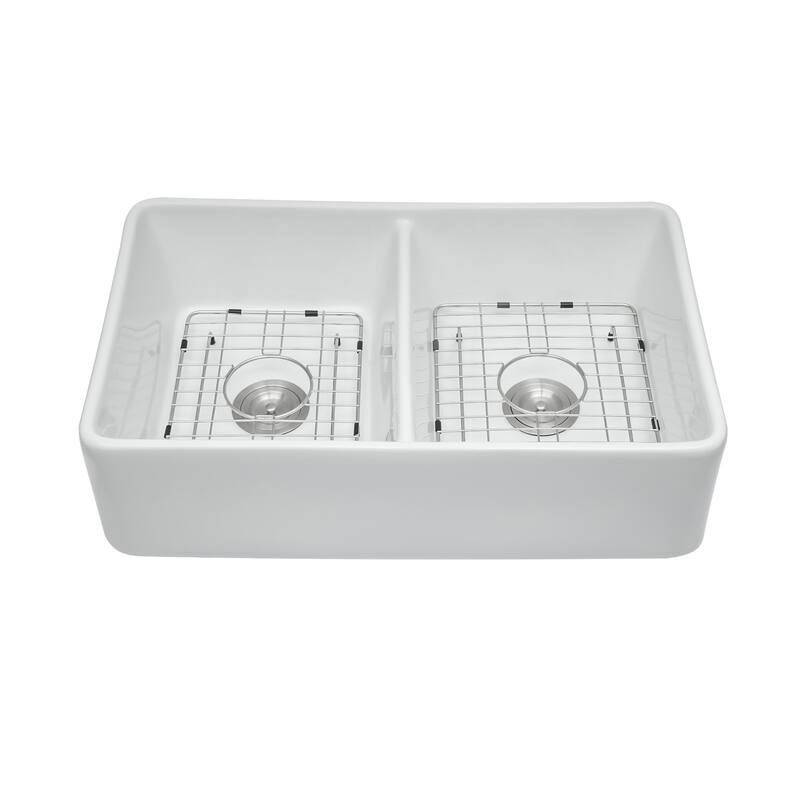 32'' Farmhouse Ceramic Double Bowl Kitchen Sink in White - 32'' x 20'' x 9''
