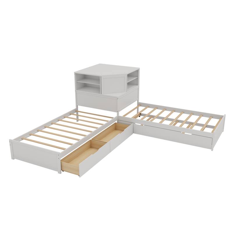 3-in-1 L-Shaped Twin Platform Bed with Trundle, LED-Lit Storage Hub & Built-In Corner Desk by Harper&Bright Designs