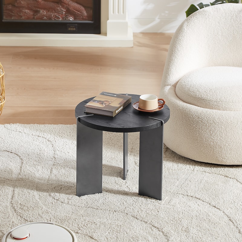 20" Round Coffee Table Sofa Side Table Small Accent Table with Walnut Wood Surface and Black Metel Feets