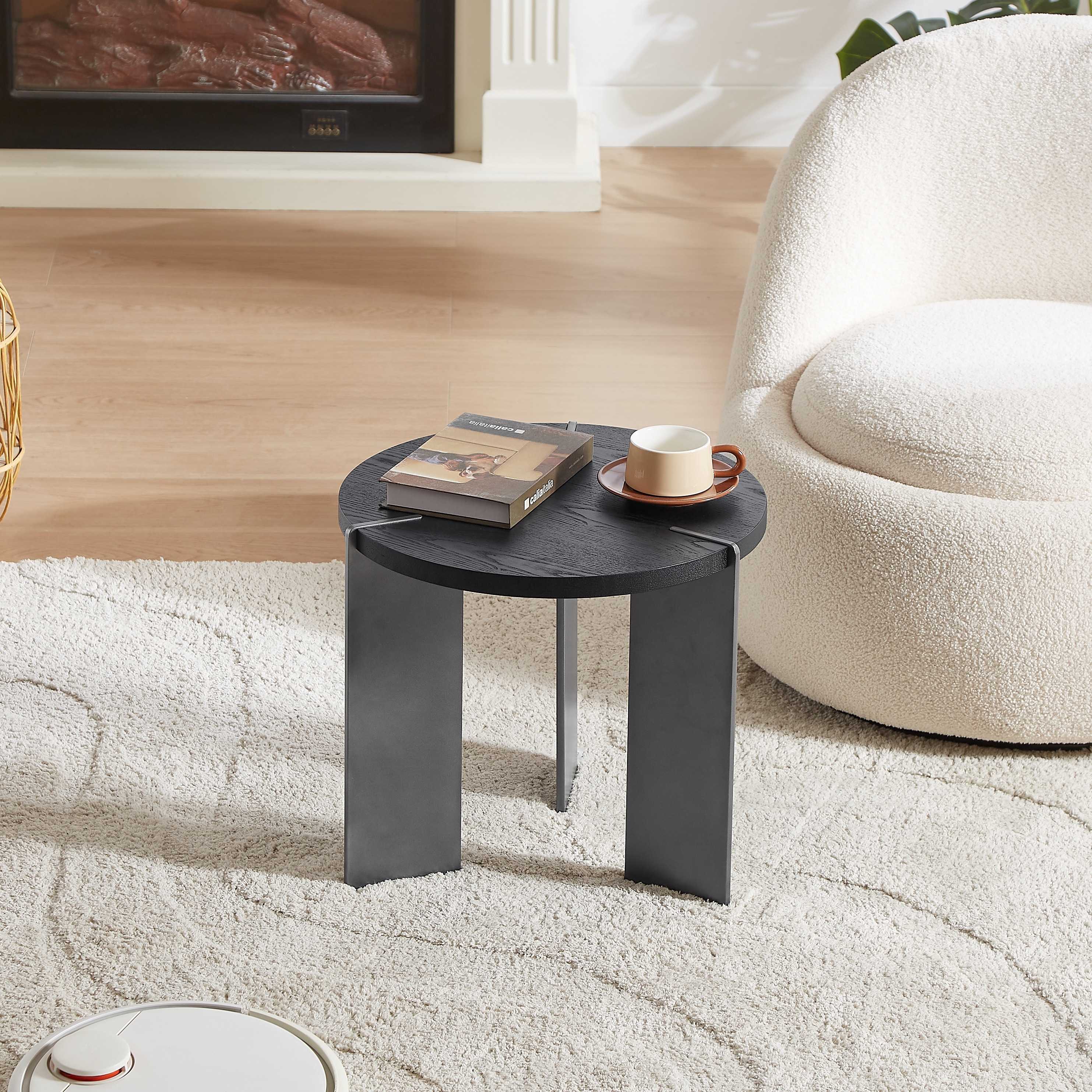 Round Coffee Table Walnut Wood Surface And Black Metal Feet