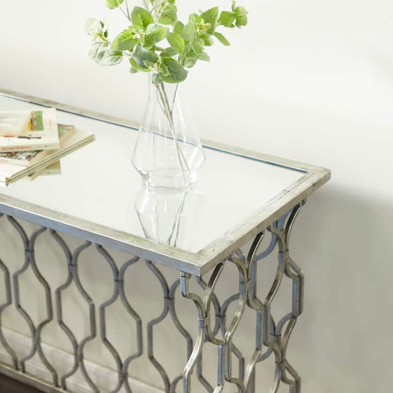 Metal Geometric Rectangular Console Table with Mirrored Glass Top - Silver - Roche River Decor - 18"Wx55"Lx32"H