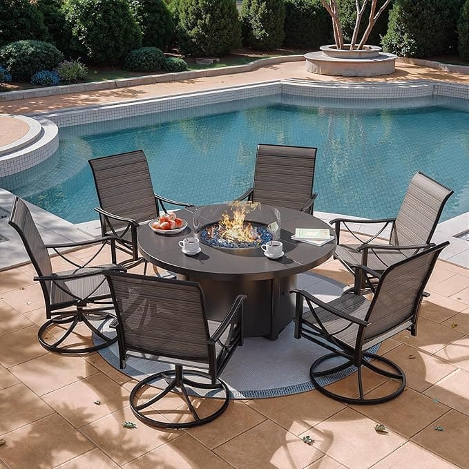 Kullavik Textilene Chairs and Round Gas Fire Pit Table, Outdoor Patio Furniture Set