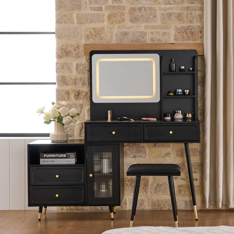 Versatile Makeup Vanity Desk with Multiple Features for Bedroom Enhancement - Black