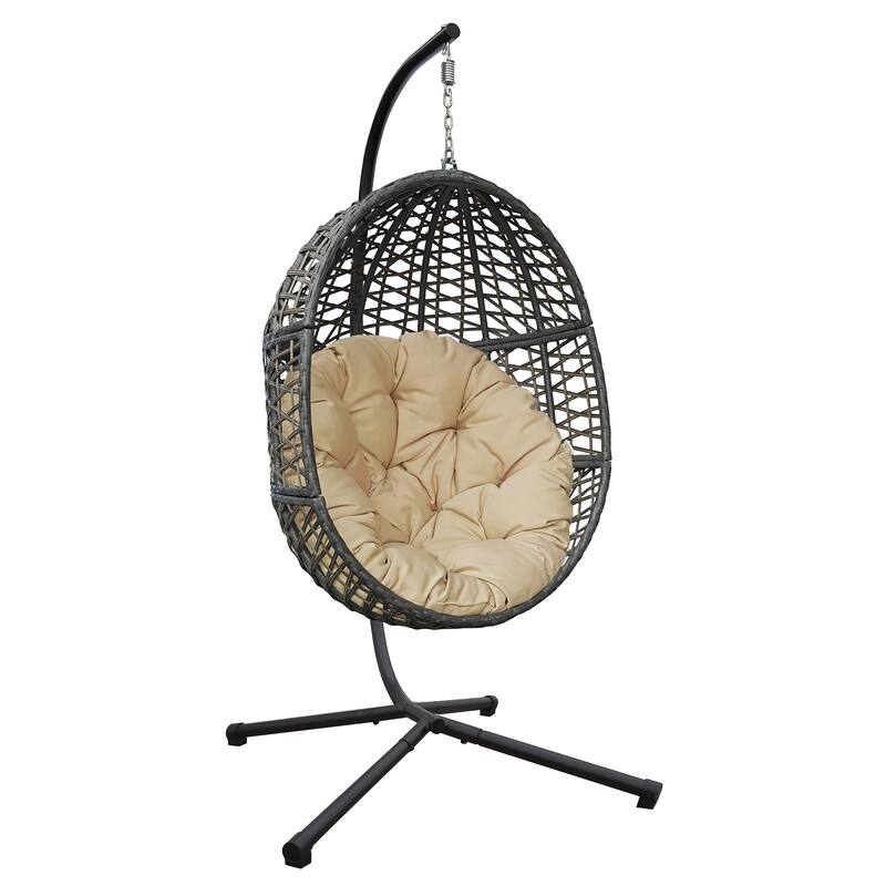 Hanging Swing Egg Chair with Stand,Outdoor Patio Wicker Tear Drop Shape Hammock Chair with Cushion - khaki