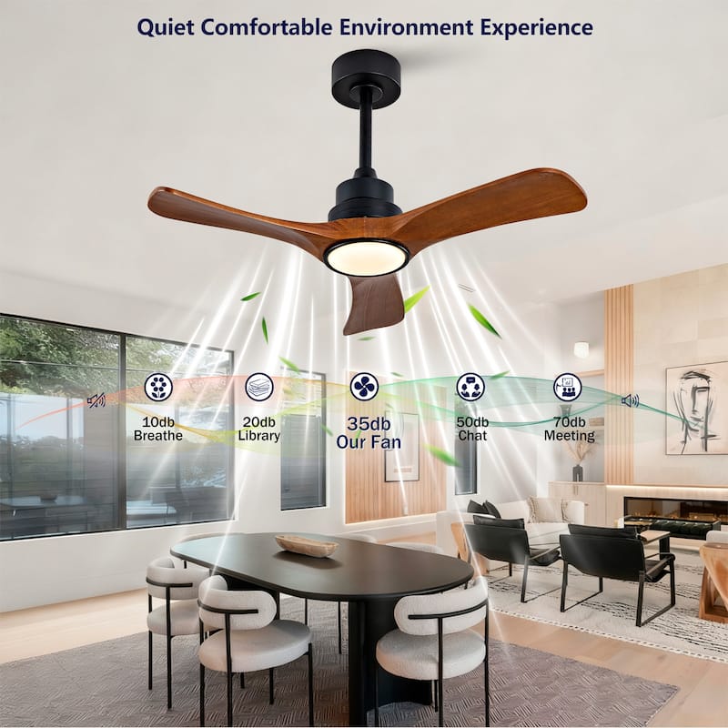 36-Inch Ceiling Fan Light with 6-Speed Remote Control, Black Three-Blade, Reversible Wooden Fan Blades, DC Motor