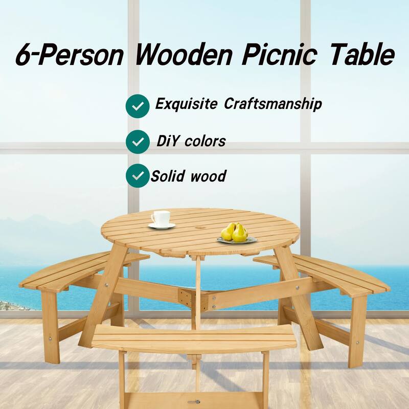 Outdoor 6 Person Round Picnic Table with Bench, Umbrella Hole for Garden, Backyard, Porch, Patio