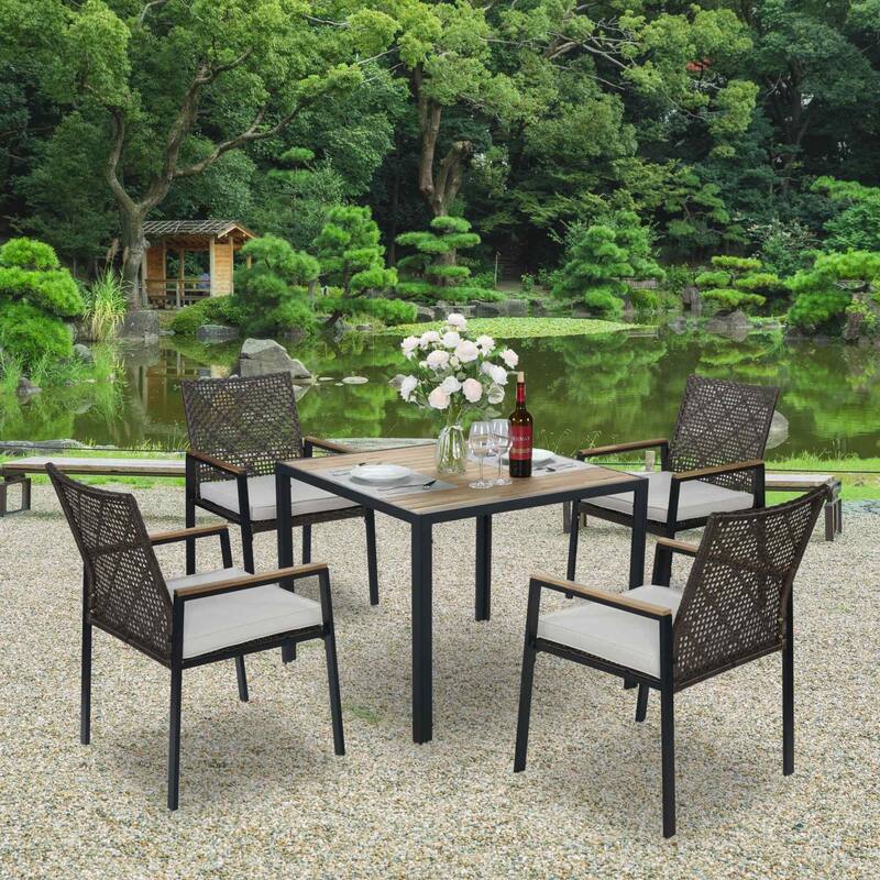 5-Piece Square Indoor/Outdoor Patio Table and Rattan Chairs Set with Umbrella Hole - Dark Brown
