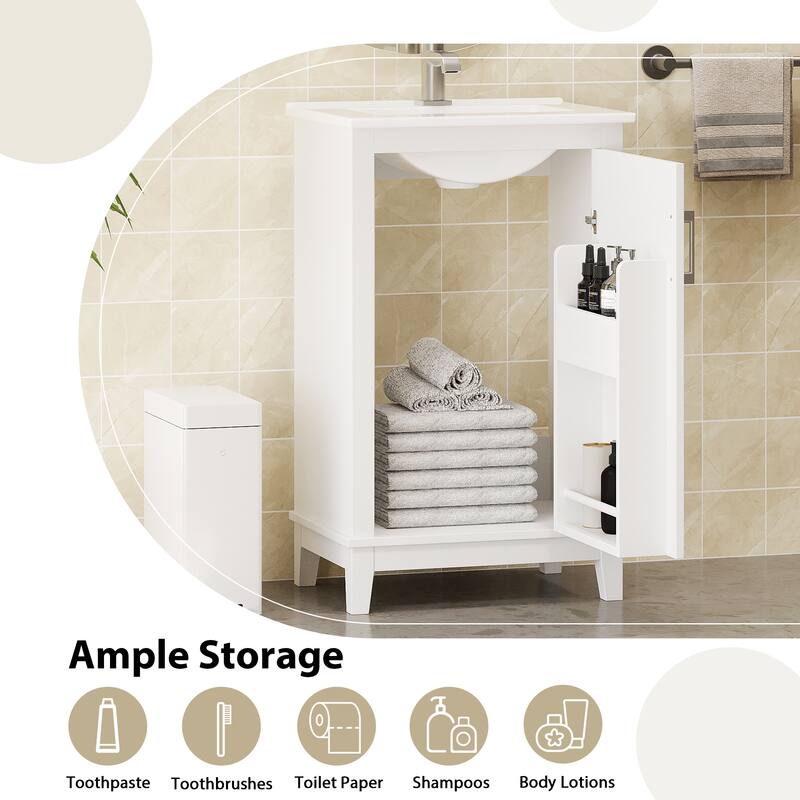 20" Modern Small Bathroom Vanity Cabinet With Ceramic Basin - 20"*15.5"*33.3", Ample Storage, 1 Soft-Close Door