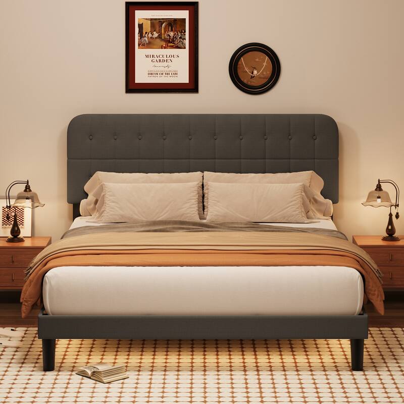 Full / Queen / King Bed Frame with Headboard, Upholstered Platform Bed with Sturdy Wooden Slats