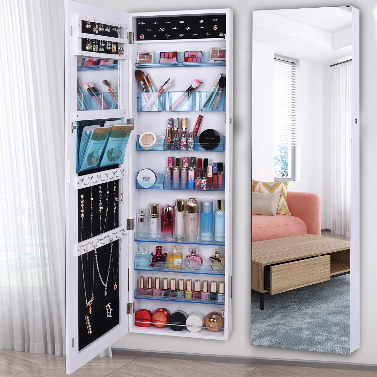 Standing Jewellery Mirror Cabinet Internal LED Lights Bedroom Makeup Organiser 