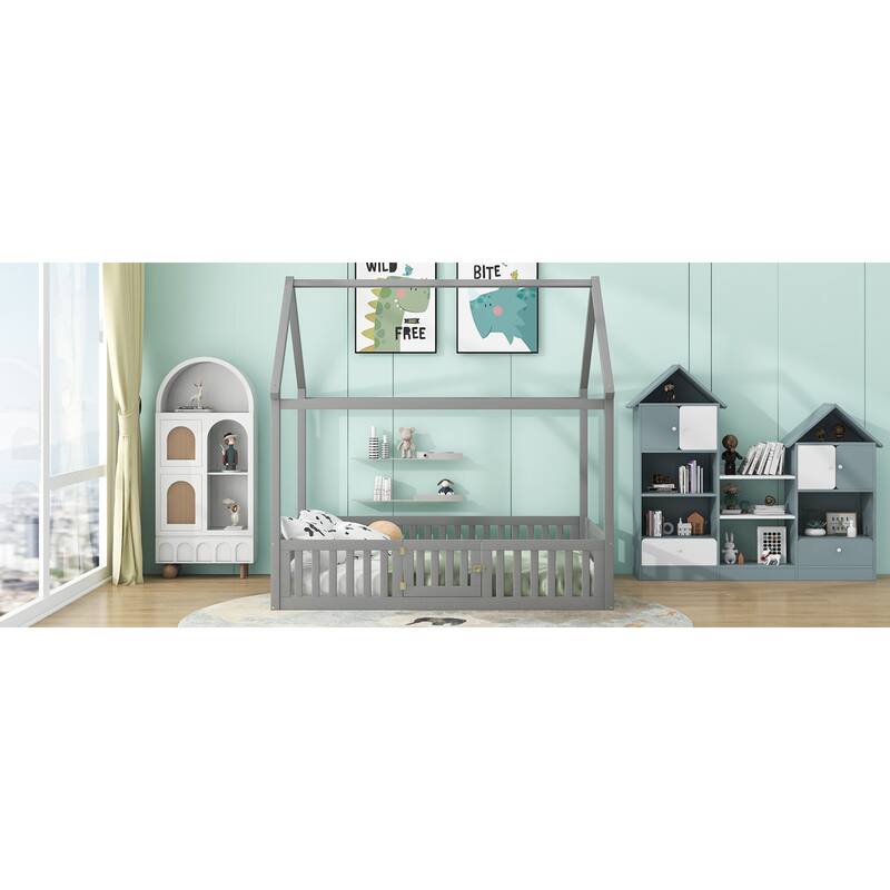 Roomfitters Full Size Wood House Bed with Fence Guardrails and Door, Distressed Gray