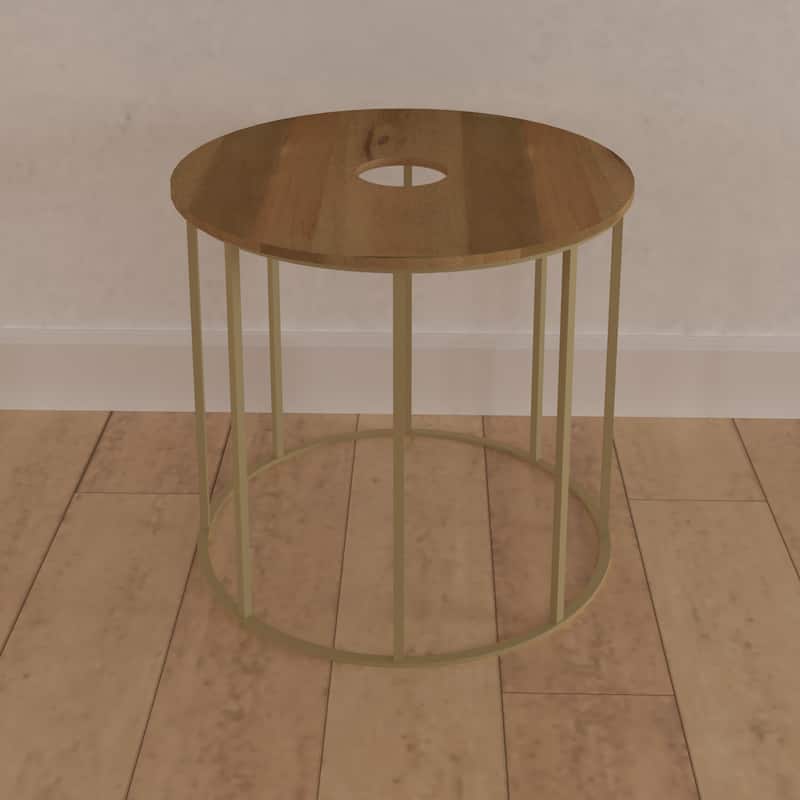 Orb Side End Table - Round Natural Mango Wood Top with Brass Powder Coated Open Frame, 19 Inch