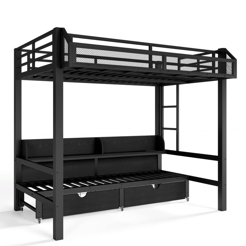 Twin over Twin Bunk Bed with Storage Shelves and Drawers, Multifunctional Metal Bunk Beds with USB Ports and LED Lights