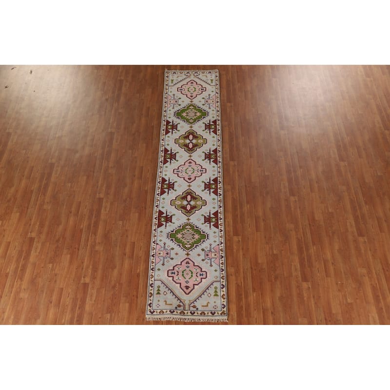 Geometric Blue Kazak Indian Runner Rug Handmade Wool Carpet - 2'7"x 11'5"