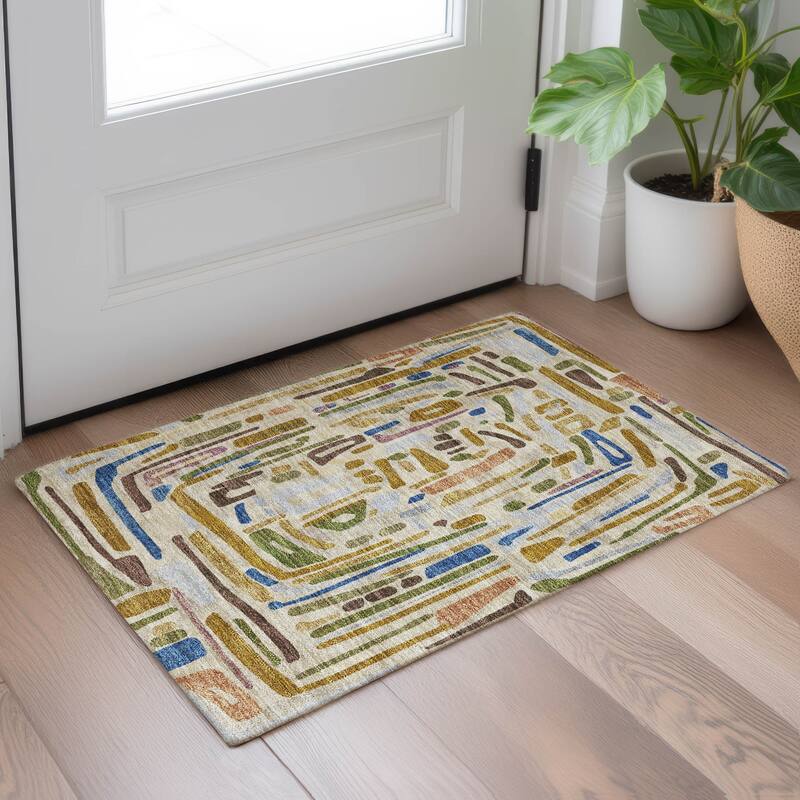 Machine Washable Indoor/ Outdoor Global Geo Chantille Rug