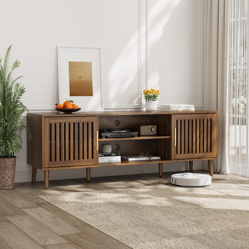 63 inch TV Stand with 2 Grille Door Cabinets and Adjustable Storage Rack, Farmhouse Entertainment Center with Storage Space - Walnut