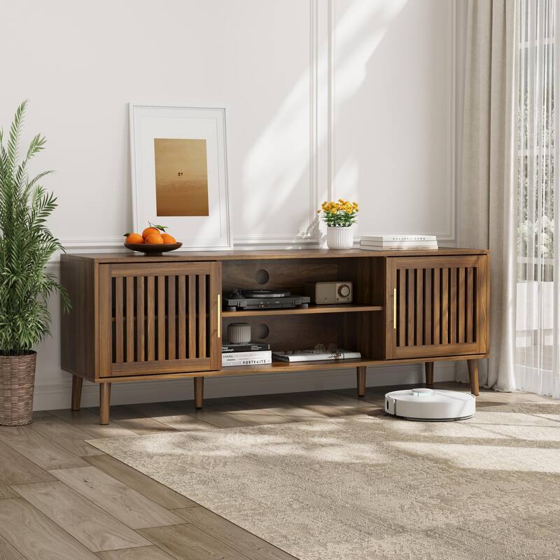 Medieval Farmhouse TV Stand with 2 Layers Shelf Grille Doors, and 4 Wooden Legs for Living Room Bedroom - Walnut