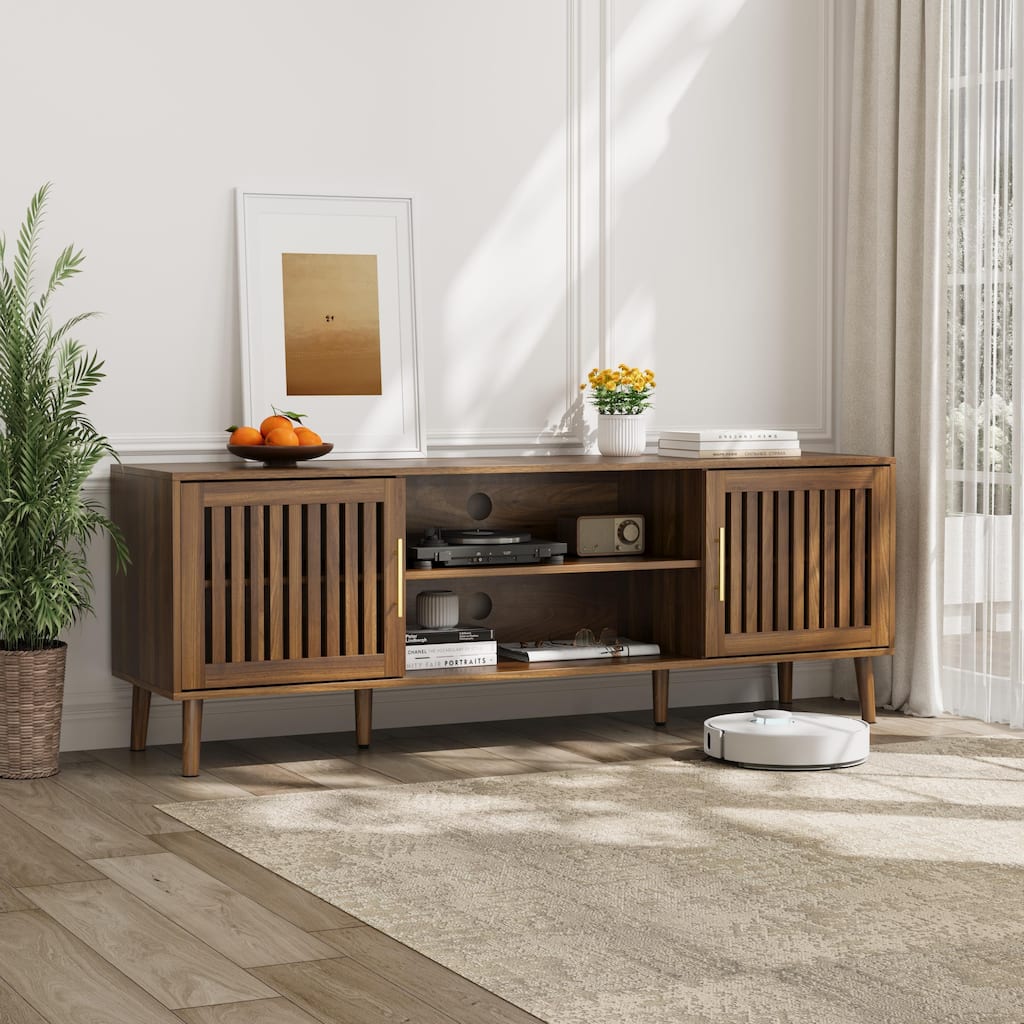 Medieval Farmhouse TV Stand with 2 Layers Shelf Grille Doors, and 4 Wooden Legs for Living Room Bedroom