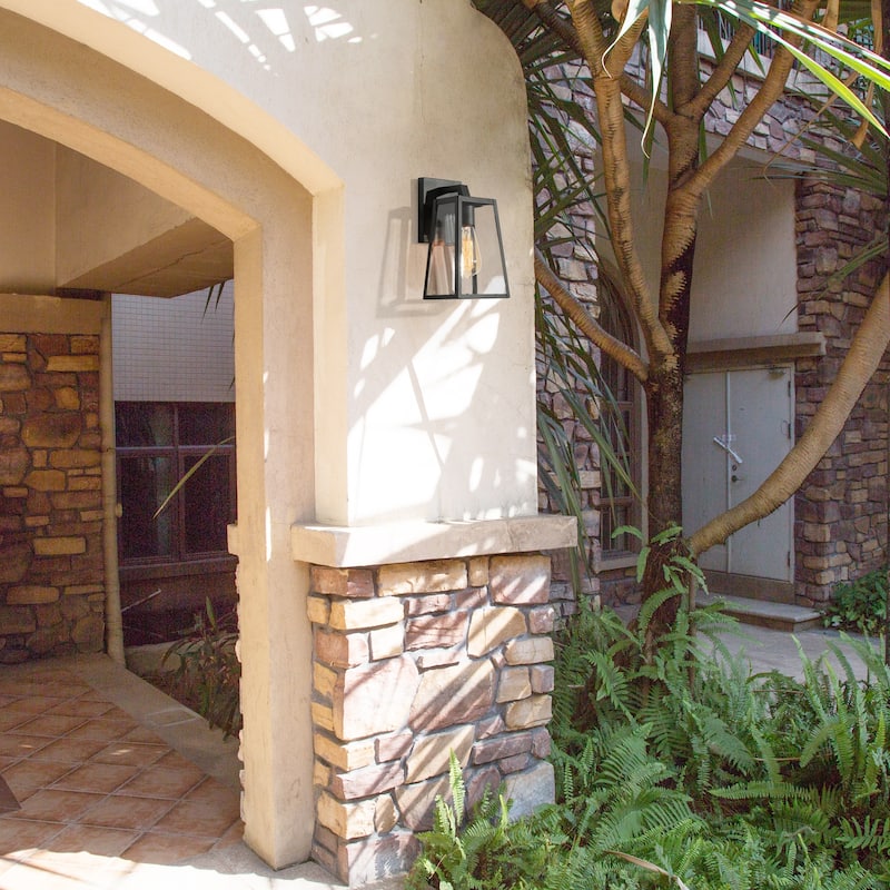 Bern 1-Light Black Lantern Outdoor Wall Sconce Lights Patio Glass Lamps - L 6"x W 6.5"x H 10.5"