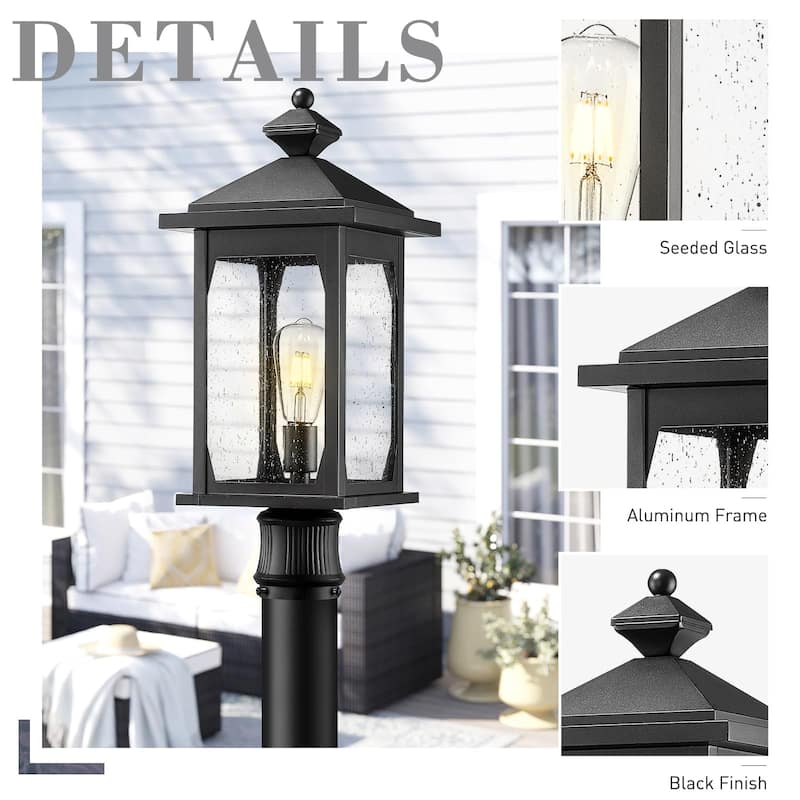 21" Black Farmhouse Post Light - Die-Cast Aluminum with Seeded Glass - Large