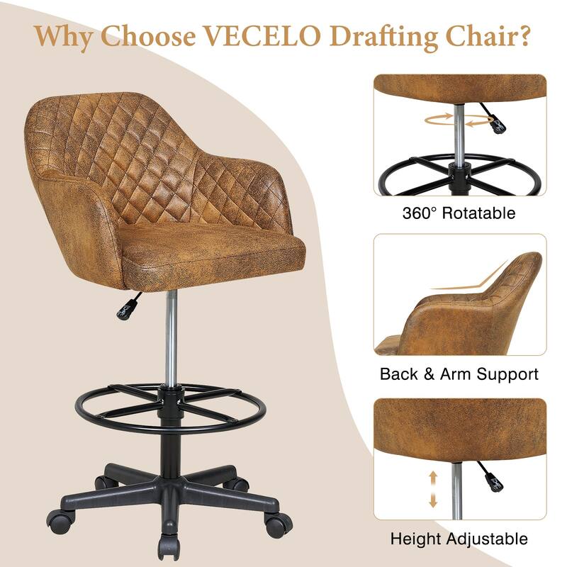 VECELO Contemporary PU Leather Drafting Chairs(Set of 2) Task Chair with Metal Frame and Back Home Ofiice Chairs