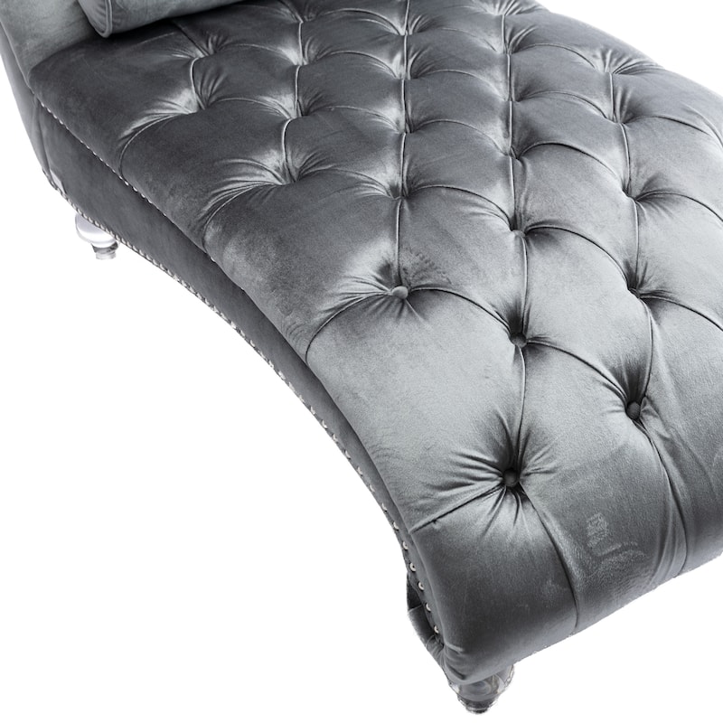 Silver 63.98" Buttons Tufted Chaise Lounge Chair with Pillow