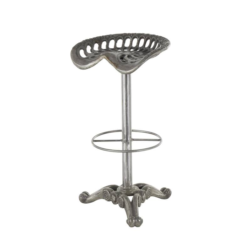Silver Metal Weathered Antique Cast Iron Scroll Bar Stool with Cutout Textured Seat and Footrest - 17"W x 17"L x 31"H