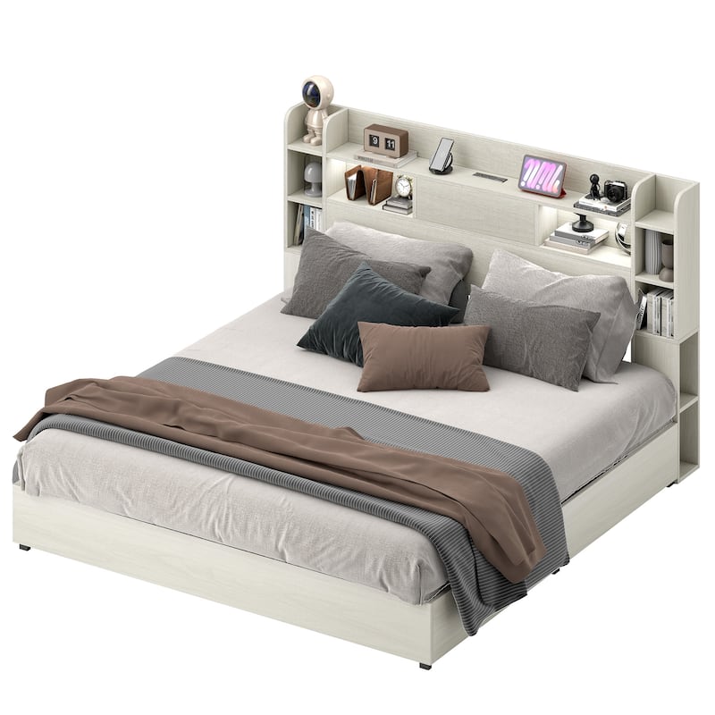 Moasis LED Bed Frame with Bookcase Headboard, 4 Storage Drawers and Type-C USB Charging Station