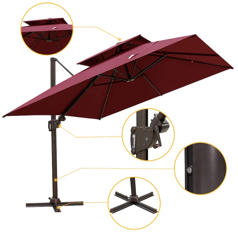 13 x 10 FT Outdoor Patio Cantilever LED Lighted Double Vented Umbrella with Base