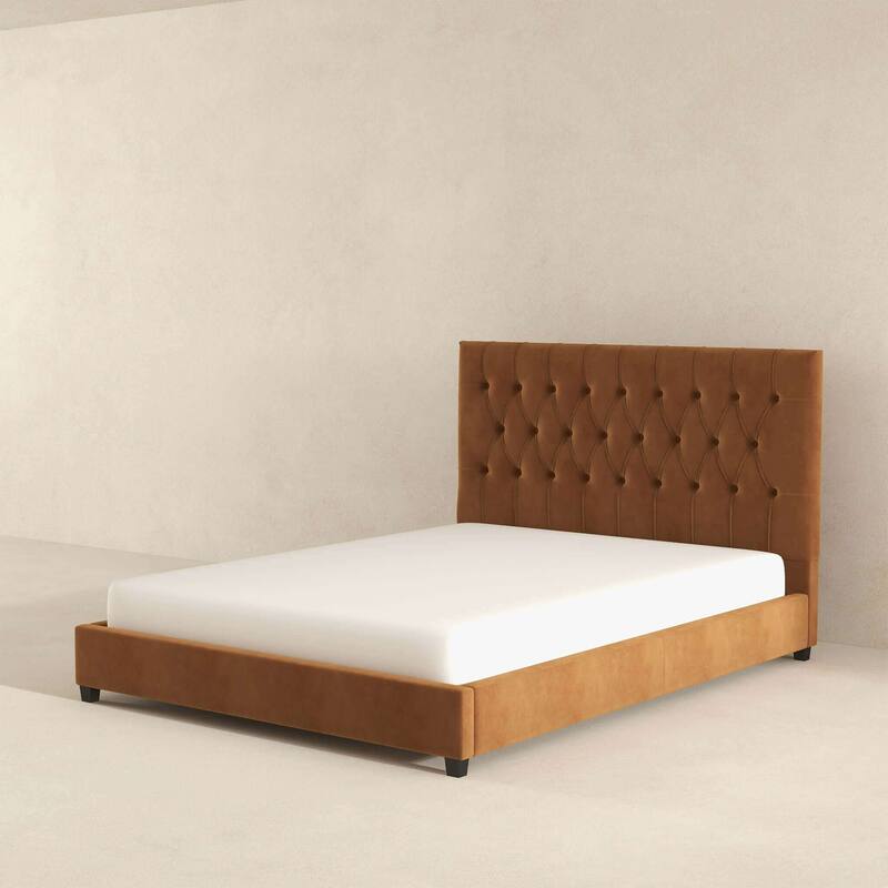 Donald Mid Century Modern Cognac Velvet Platform Bed