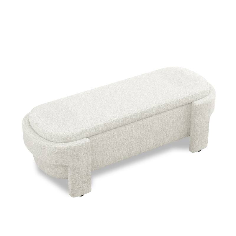 Oval End of Bed Bench, Linen Fabric Upholstered Storage Bench, Entryway Bench with Hidden Storage Space & Support Legs
