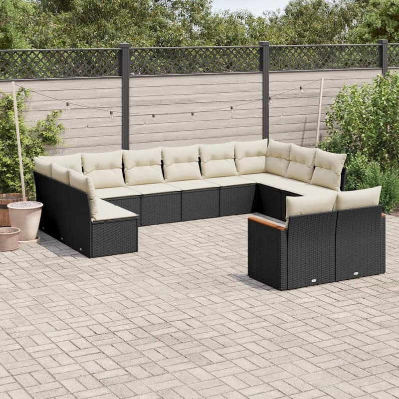 vidaXL Patio Sofa Set with Cushions Outdoor Conversation Furniture Poly Rattan - 24.4 x 24.4 x 27.2 in - Black and cream without table