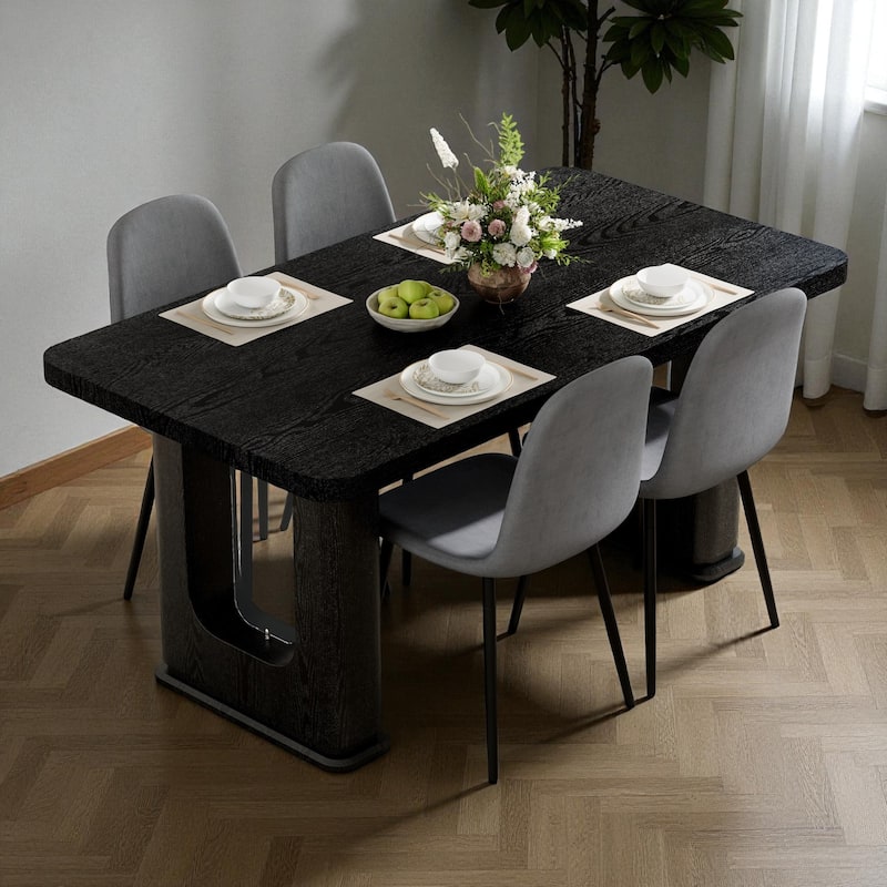 5-Piece 64.5" Black Wood Dining Table Set with Glass-Inlay Legs and 4 Linen-Cotton Chairs, Modern Dining Room Furniture