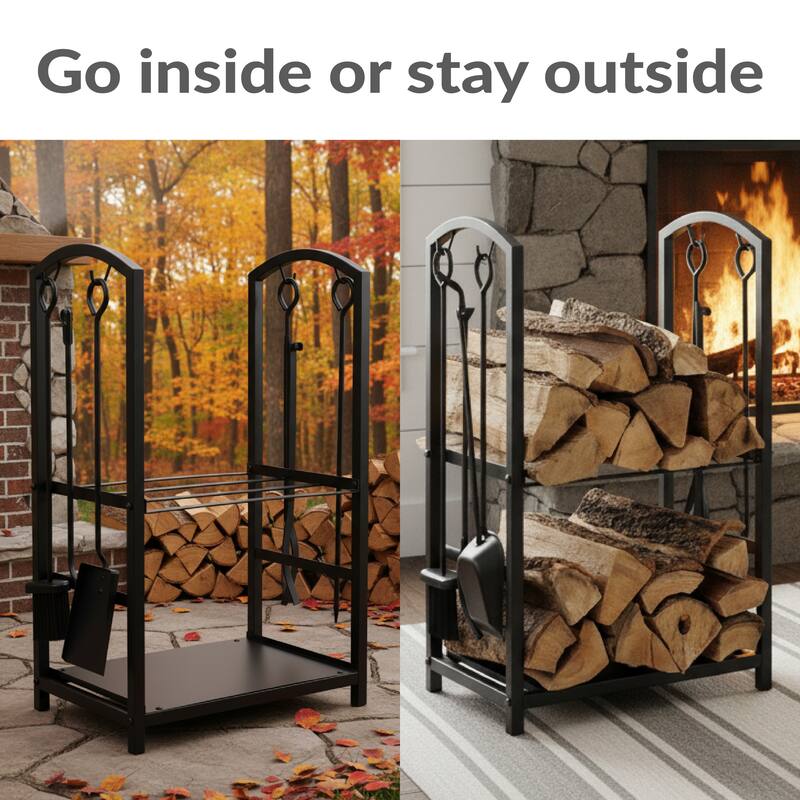 Steel Fireplace Log Holder and 5-Piece Tool Set