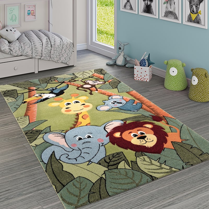 Kids Rug for childrens room with Jungle Animals in Green - 3'11" x 5'7"