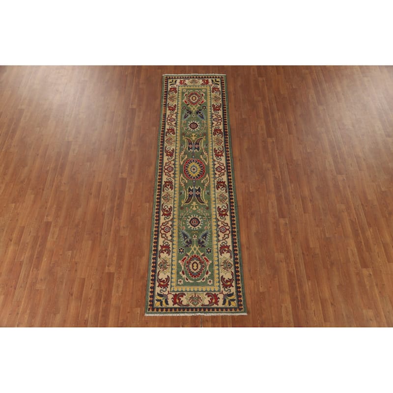Green Floral Kazak Runner Rug Hand-Knotted Wool Carpet - 2'8" x 9'7"