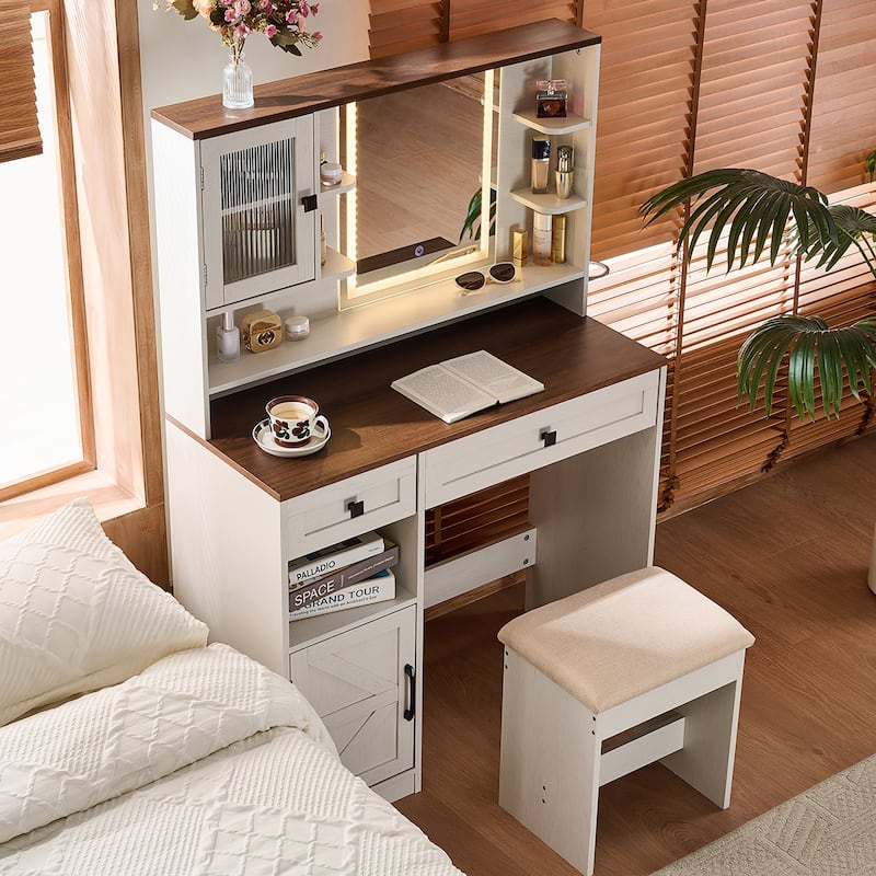 Rustic Makeup Vanity Desk with 3 Color Adjustable Touch Control Mirror, Built-in Power Outlets Dressing Table Set with Stool