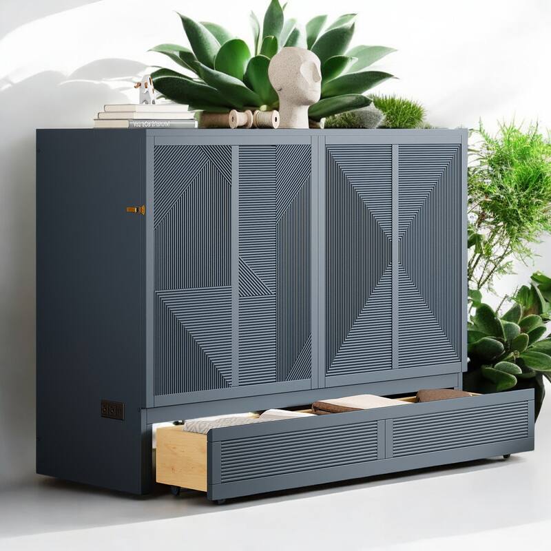 Full/Queen Size Murphy Bed Cabinet with USB Charging Ports, Power Outlets and Large Storage Drawer