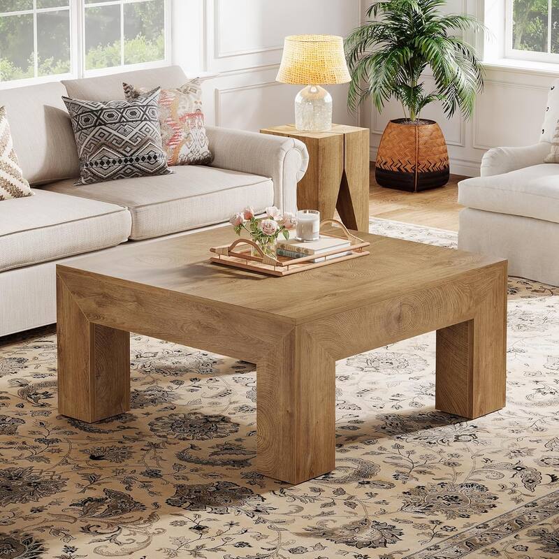 Farmhouse Square Coffee Table for Living Room, 39.37-Inch Low Large Center Tea Accent Table - Light Brown