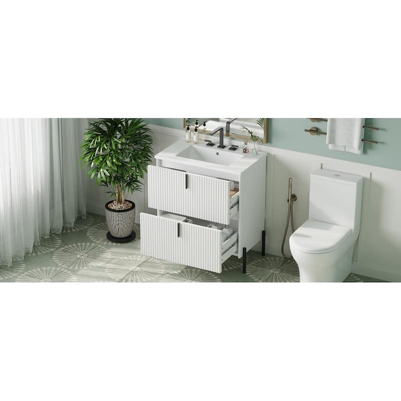 Bathroom Vanity with Ceramic Sink, Freestanding Bathroom Storage Cabinet, Fluted Bathroom Vanity with 2 Full-Extension Drawers