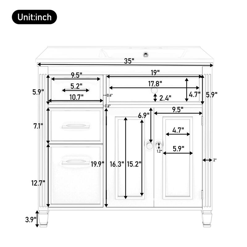 Modern 36 Inch Bathroom Vanity with Right-Side Sink, Storage Drawers, Adjustable Shelf, Painted MDF Finish