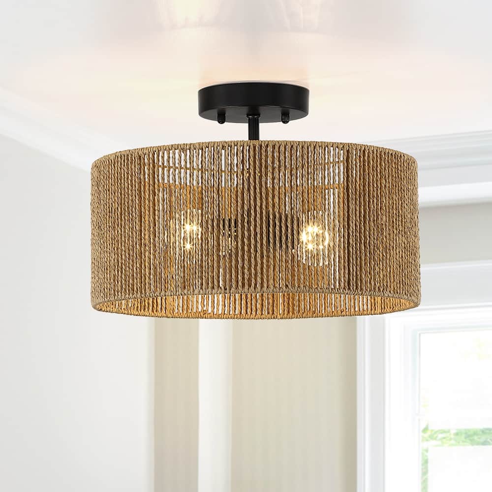 Dorn 2-Light Woven Rope Drum Semi-Flush Mount Ceiling Light - 14"W