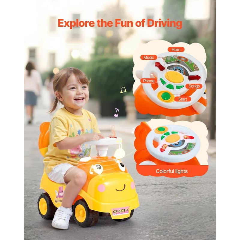 Kids Ride-On Toy with Music, Horn, and Under-Seat Storage - 19.7 x 9.4 x 16.3 in