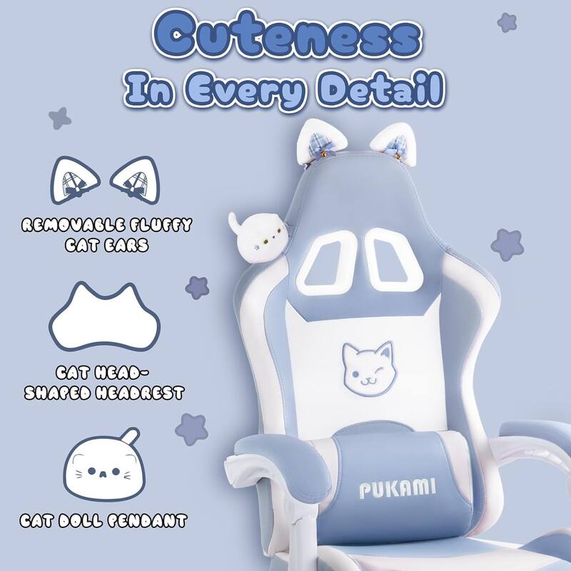BOSSIN Gaming Chair with Cat Ears and Cat Paw Cushion Pillow,Cute Kawaii Reclining Computer Chair for Girl with Footrest