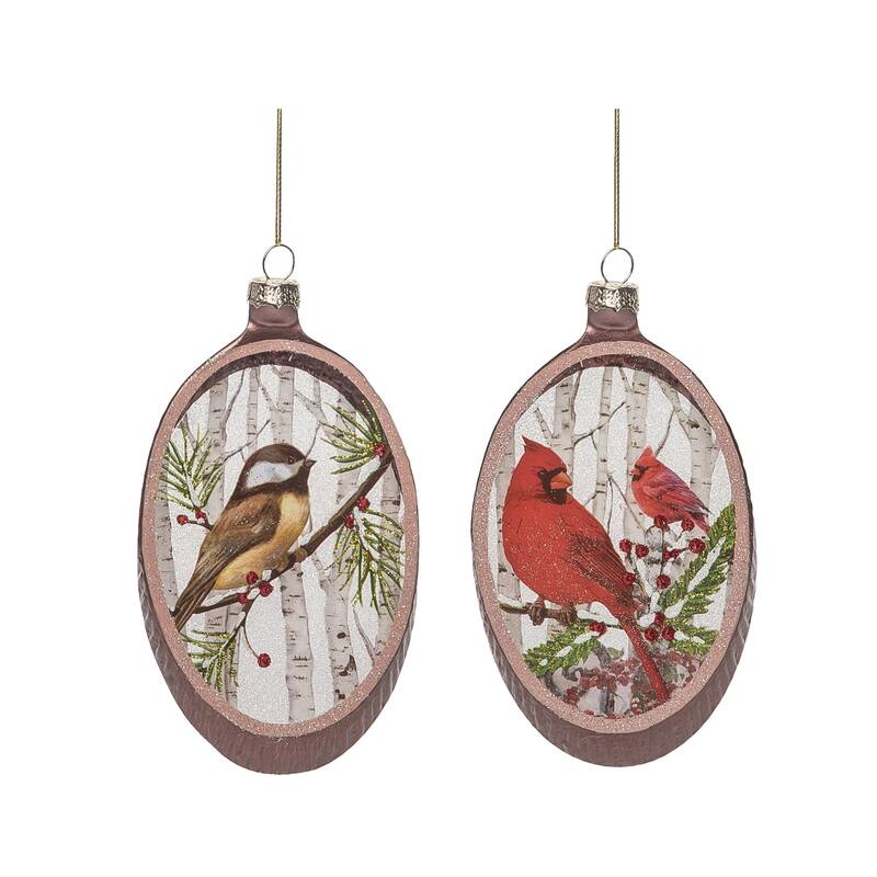 Transpac Glass 6 in. Multicolored Christmas Woodcut Painted Winter Bird Ornament Set of 2