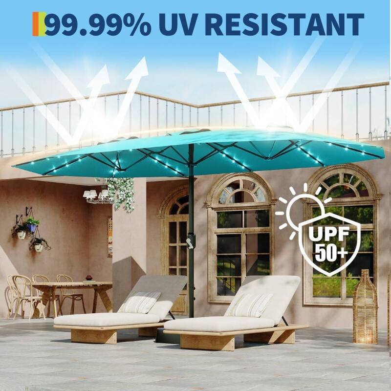 15FT Double-Sided Patio Umbrella with with LED and Base Included for Pool Lawn Garden