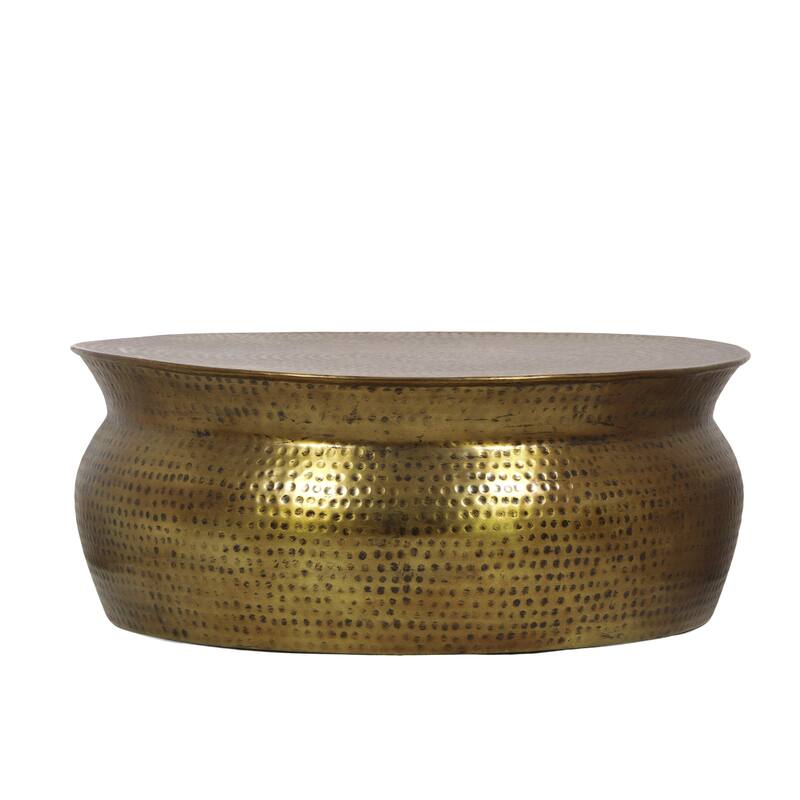 Roomfitters Drum Coffee Table, Round Metal Living Room Center Table with Hammered Design, Modern Accent Table, Coppery